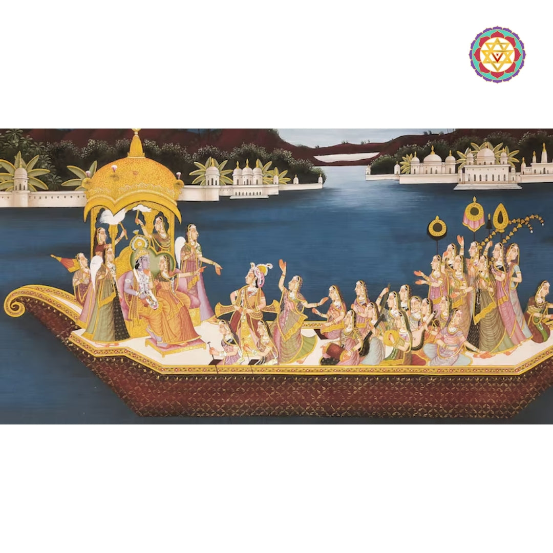Detailed artwork of Lord Krishna and gopikas in a golden boat, with floral borders.