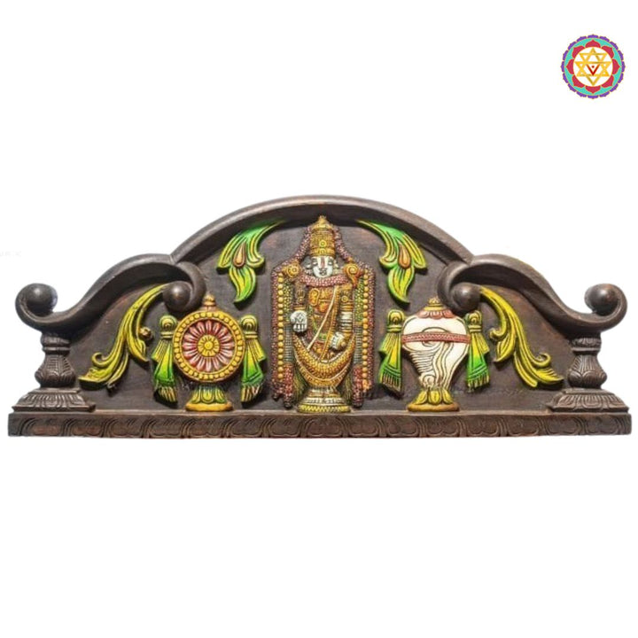 Decorative wall piece with intricate designs on a white background. Dimension image of 30" multicolour carved Tirupati Balaji wooden panel

