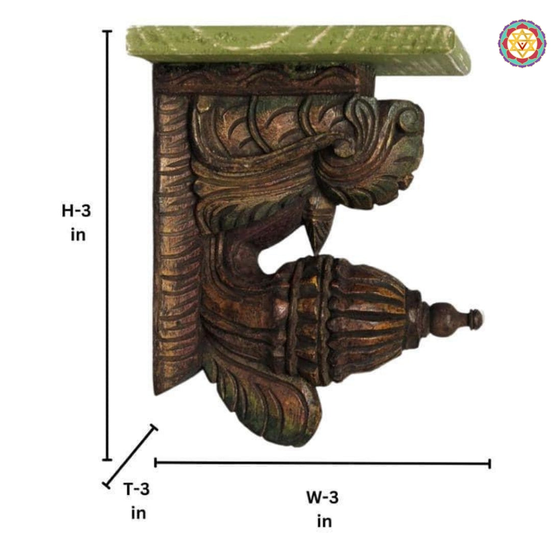 Full view of traditional wooden bodhil bracket with top shelf showing ornate carving and curved detailing