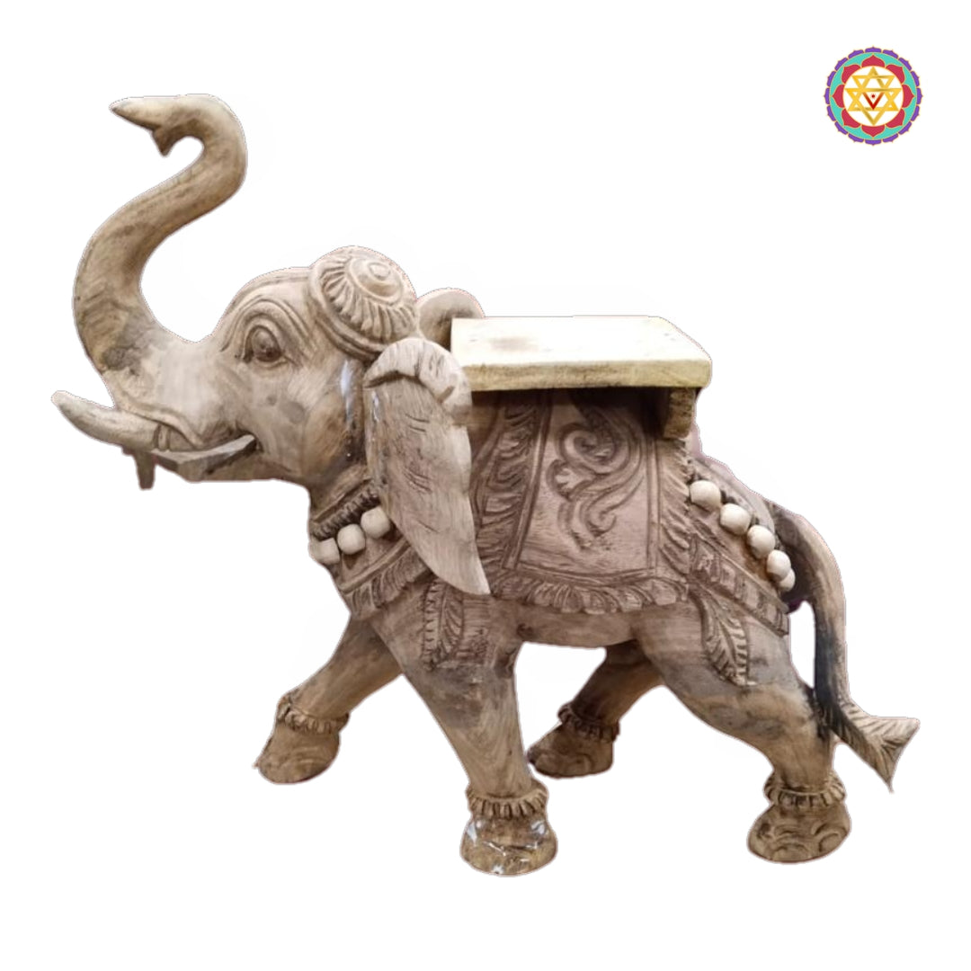 Close-up of wooden Airavat elephant showing intricate carvings and details