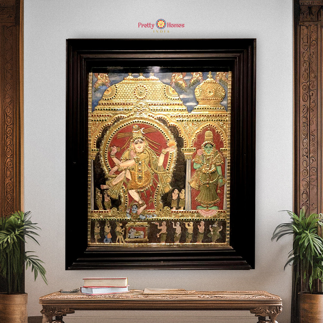 Vintage Handmade Tanjore Painting of Dancing Shiva & Parvati – Real Gold Work Devotional Fine Art