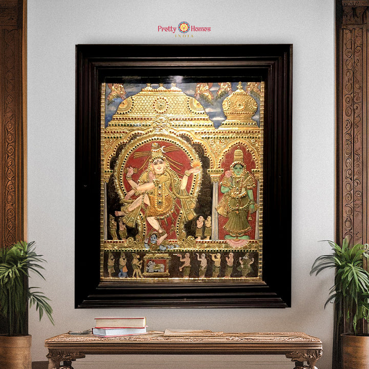 Vintage Handmade Tanjore Painting of Dancing Shiva & Parvati – Real Gold Work Devotional Fine Art