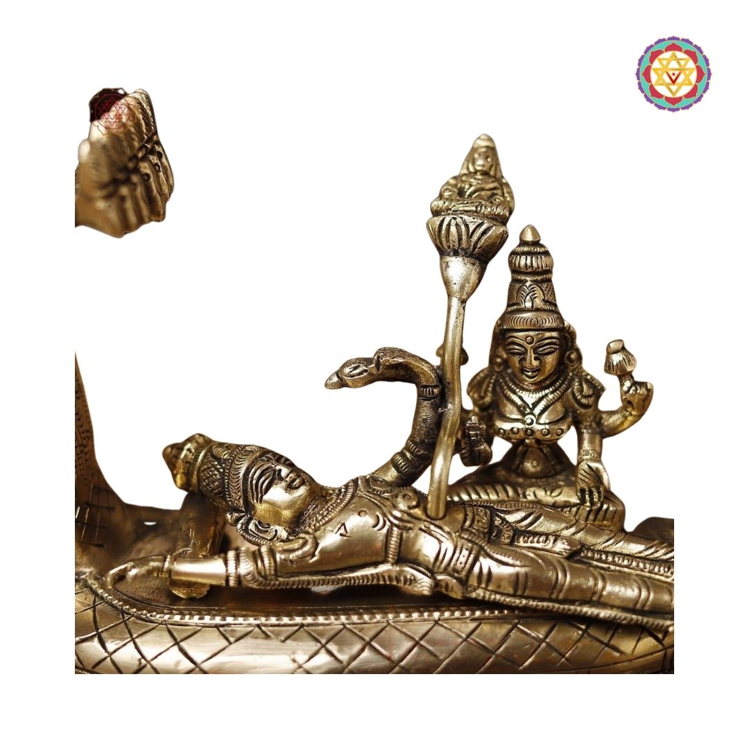 Brass Vishnu and Lakshmi Resting on Sheshnag, Smooth Gold Finish, 6”