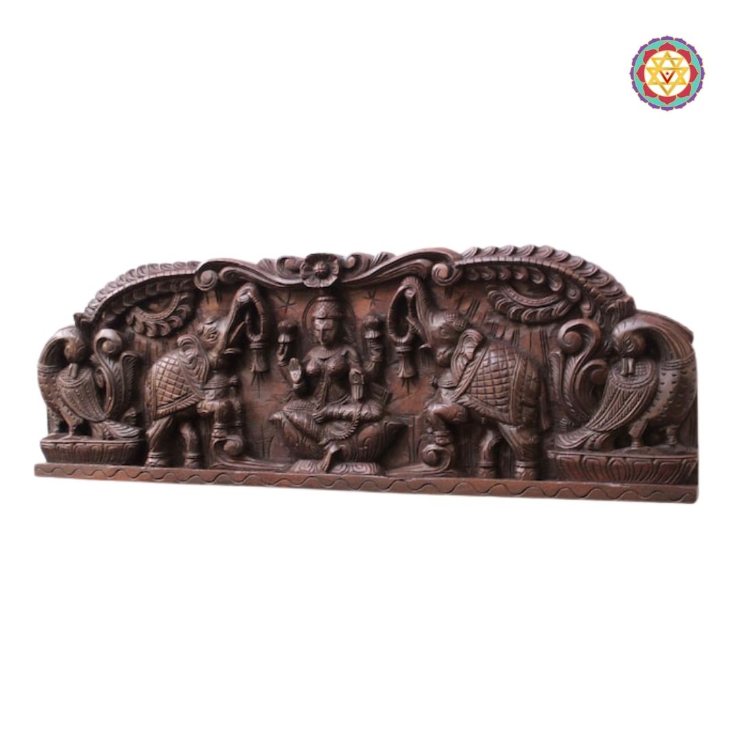 Intricately Carved Horizontal Gajalaxmi Panel with Peacocks – Wall Mountable Divine Art