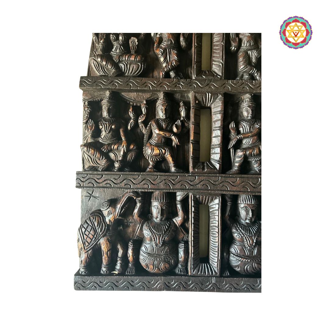 Side view of vertical multi-god wall panel with antique finish