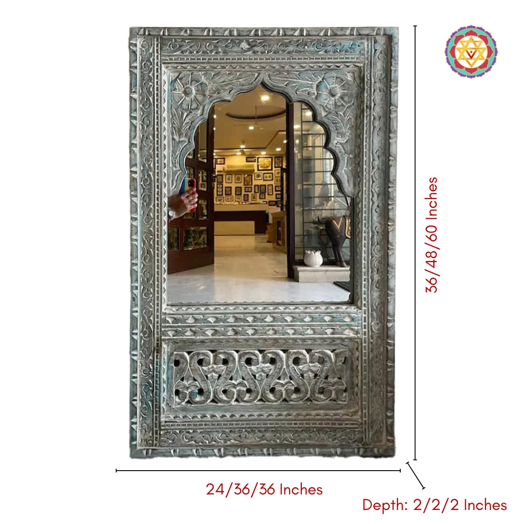 Handcarved jharokha wall mirror in rustic grey finish, showcasing detailed wooden carvings – ideal for indoor and outdoor decor.
