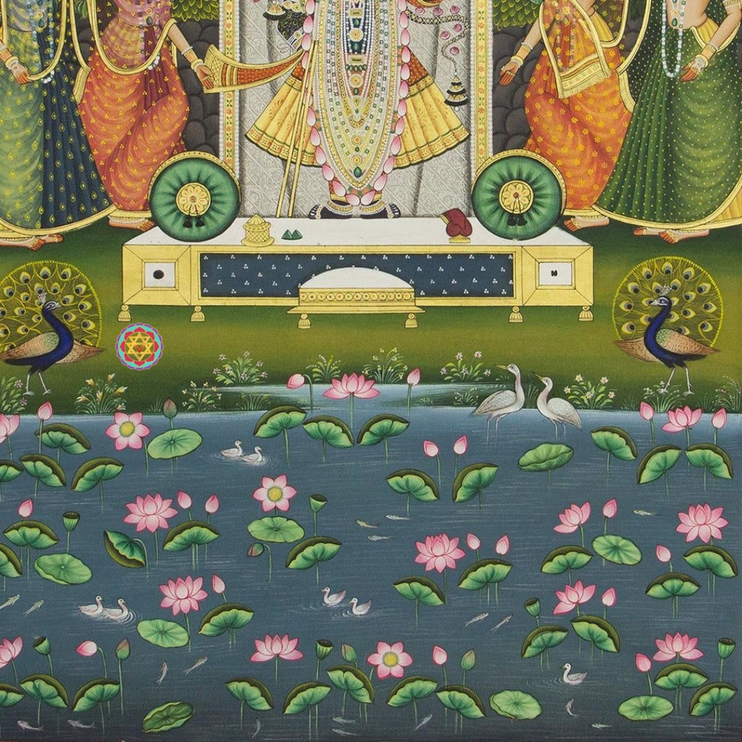 Hand-painted Pichwai art depicting Krishna playing flute surrounded by devotees and cows