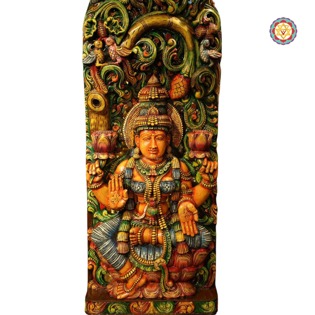 Traditional Lakshmi wooden statue showcasing detailed South Indian art