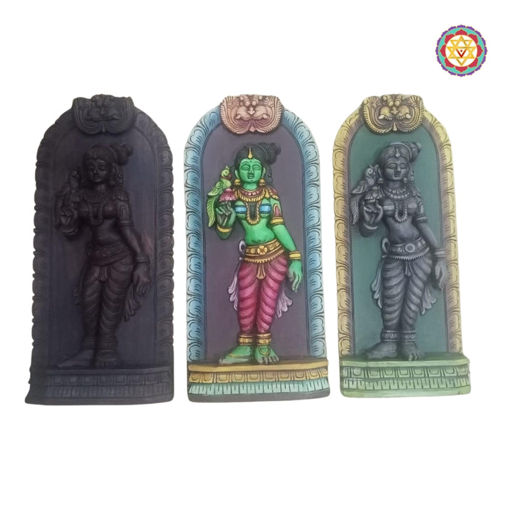 Woodcarved Goddess Meenakshi Holding Diya With Parrot.Wall hanging