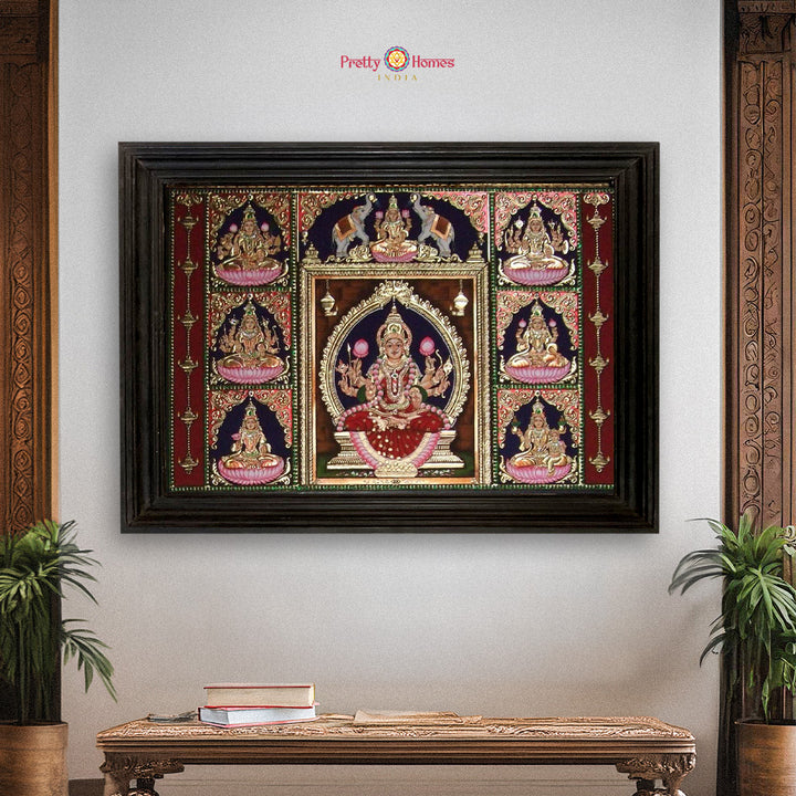 Vintage Style Handmade Tanjore Painting of Ashta Lakshmi with Real 22K Gold Work – Devotional Fine Art for Sacred Interiors
