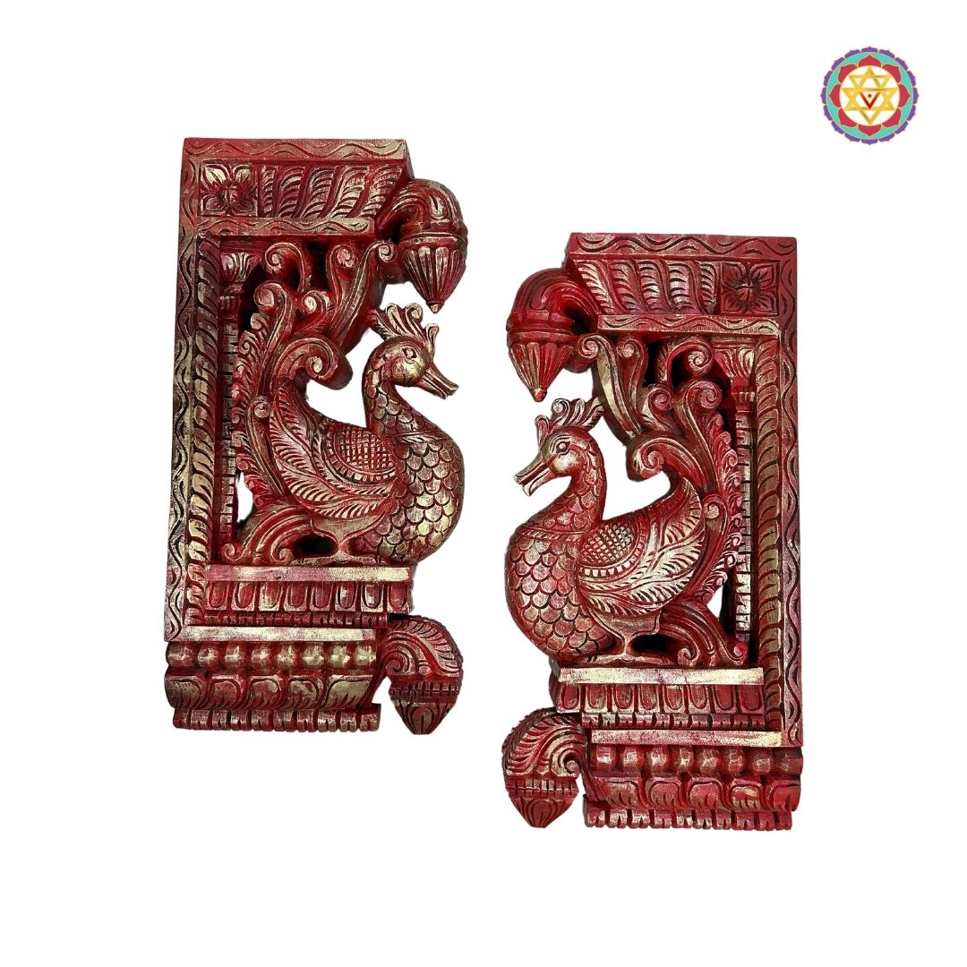 Intricately Handcarved Beautiful Standing Hamsa Bird (Annapakshi) Paired Wooden Wall Brackets (Single))