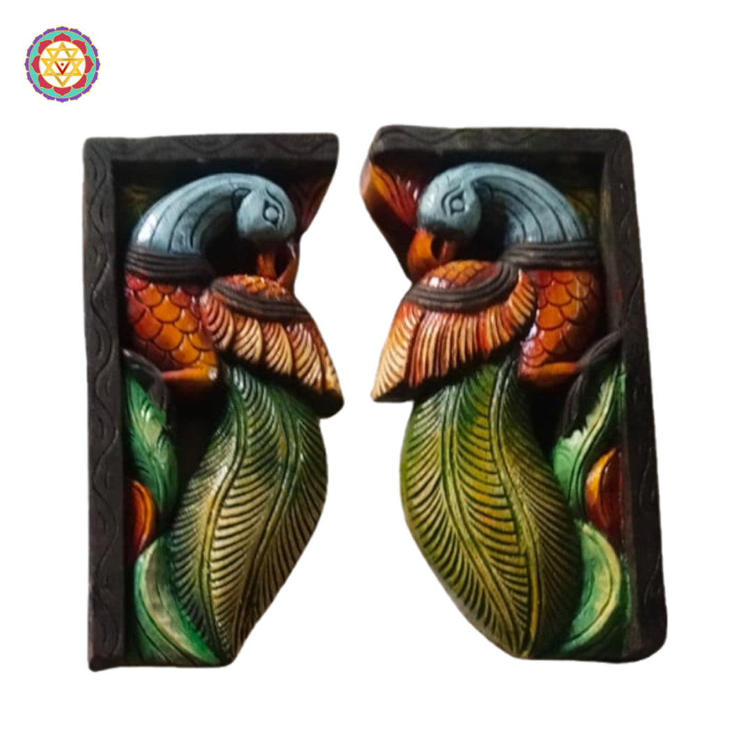 colorful wood carved parrot pair wall decor for home and balcony
