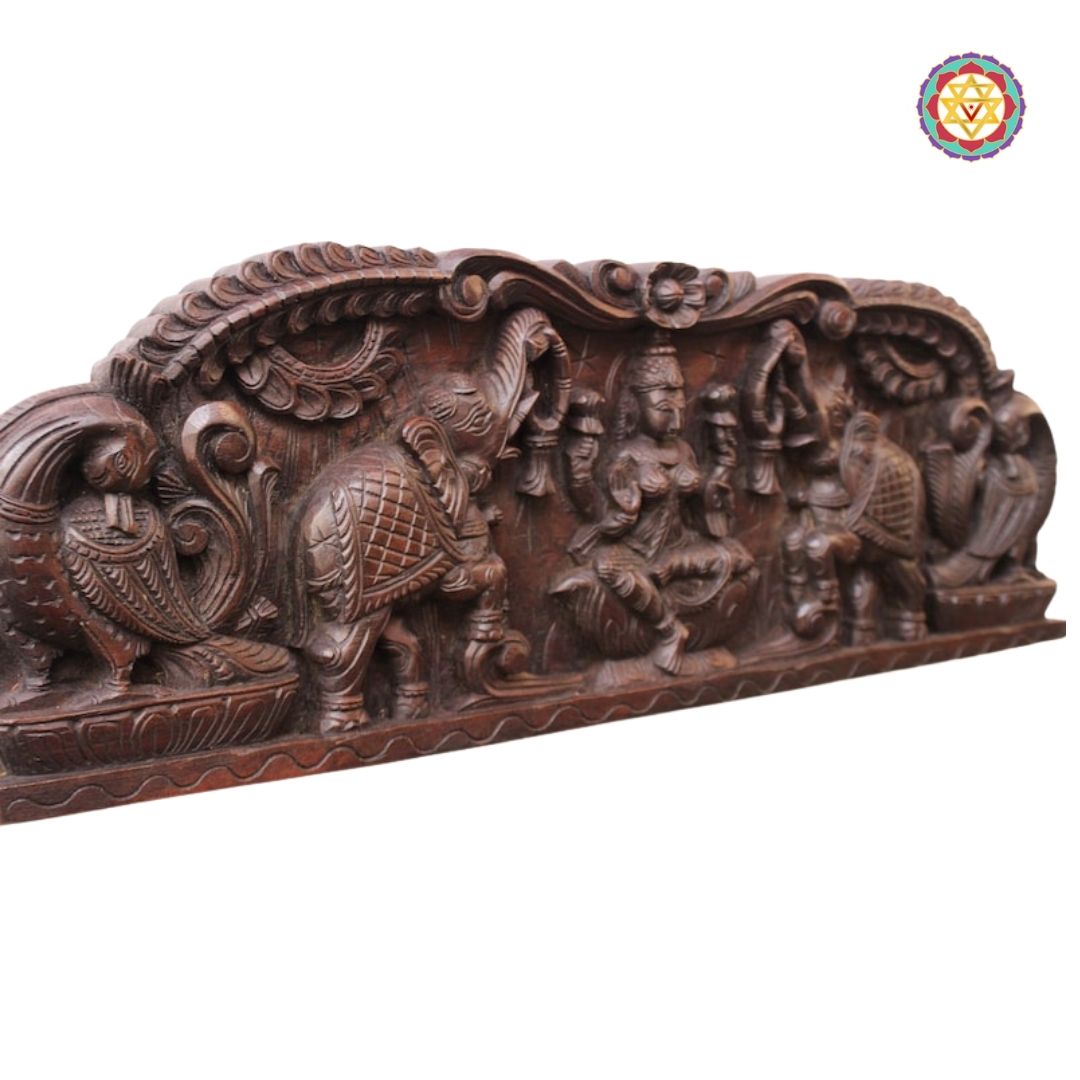Intricately Carved Horizontal Gajalaxmi Panel with Peacocks – Wall Mountable Divine Art
