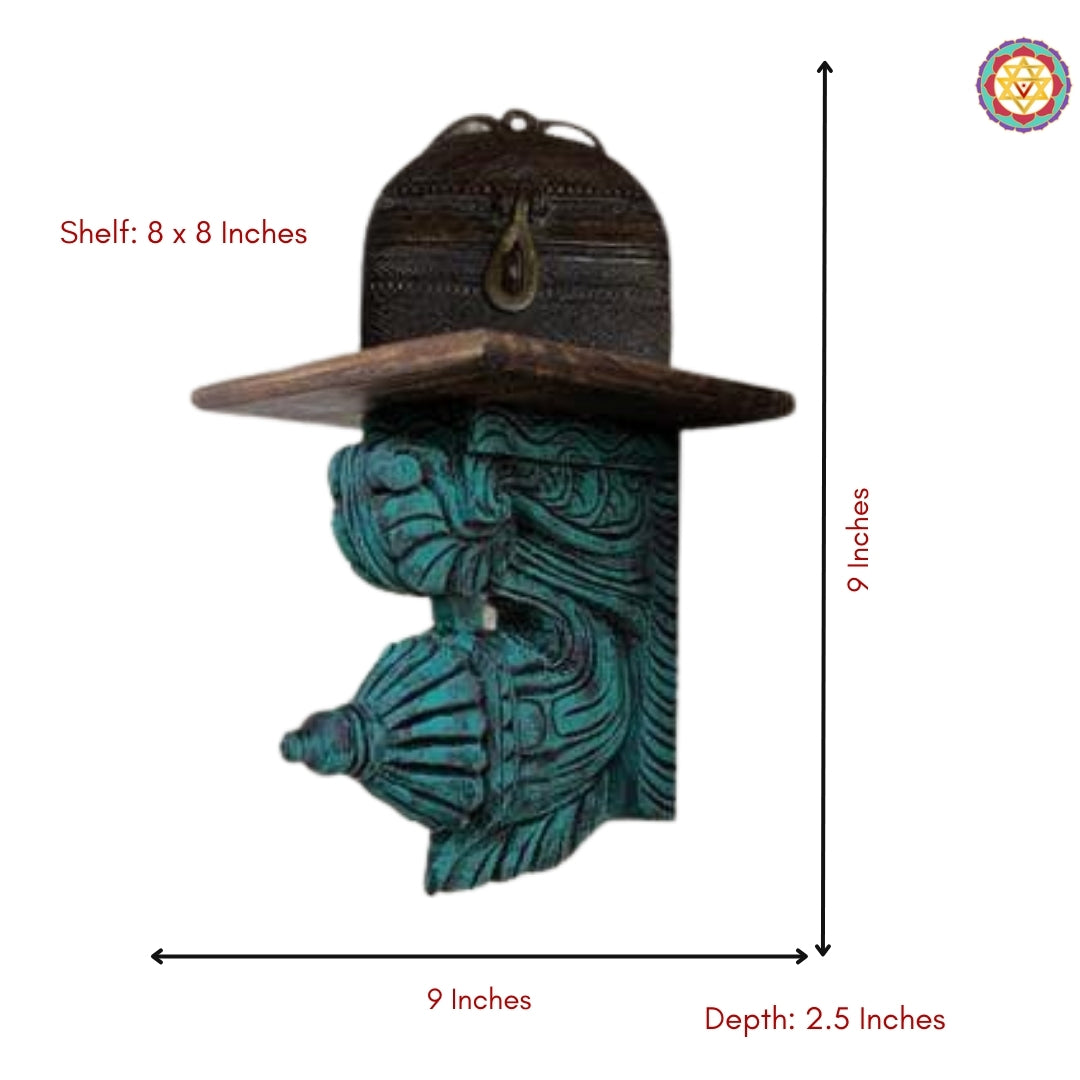 Angled shot of bodhil wall bracket with top shelf showing artistic scrollwork and fine craftsmanship