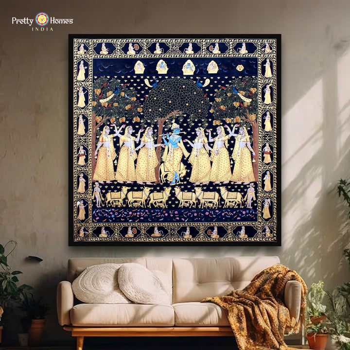 Krishna Raas – hand painted Pichwai with Intricate Gopika Border
