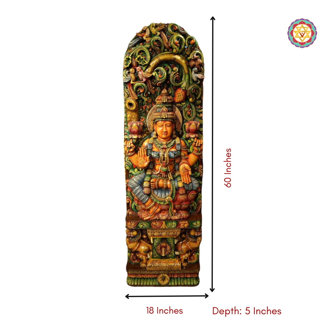 Divine wooden Laxmi sculpture symbolizing wealth and prosperity