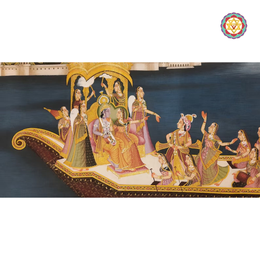 Lake landscape with reflections, lotuses, and serene surroundings painted in traditional style.