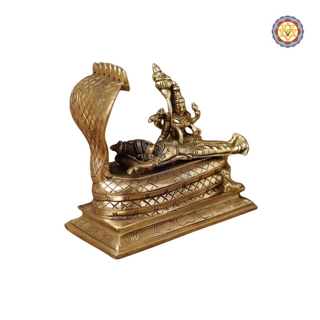 Brass Vishnu and Lakshmi Resting on Sheshnag, Smooth Gold Finish, 6”