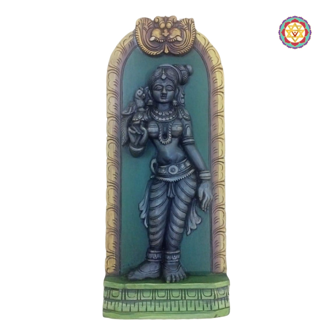 Woodcarved Goddess Meenakshi Holding Diya With Parrot.Wall hanging