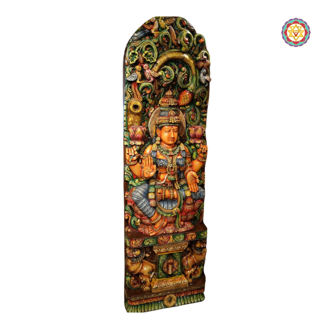 Wooden Laxmi idol with Prabhavali and Yali carvings in multicolour finish