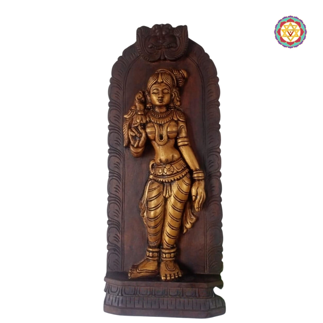 Wooden Meenakshi wall sculpture with diya and parrot detailing