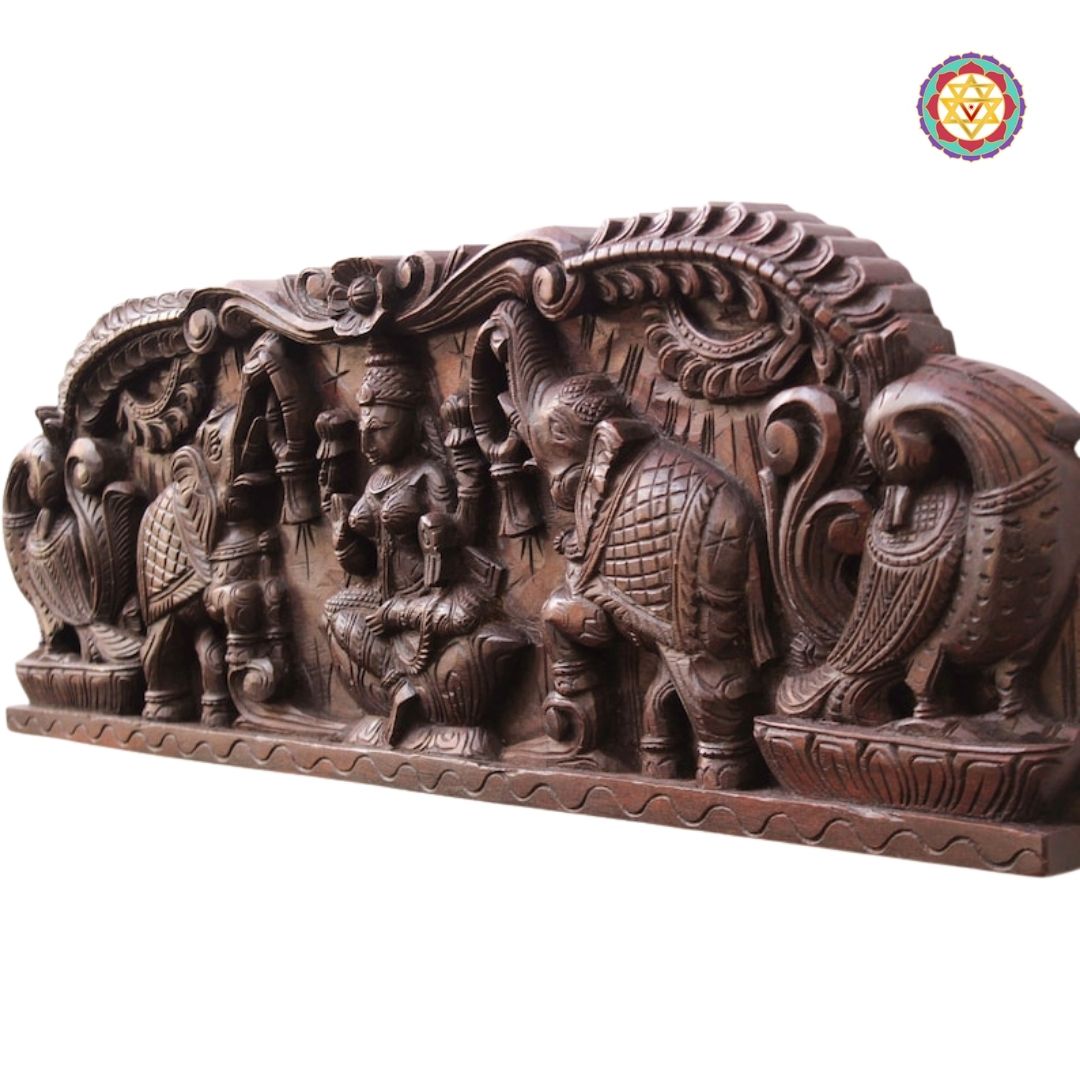 gajalakshmi wooden panel detailed shot of intricate handcarving