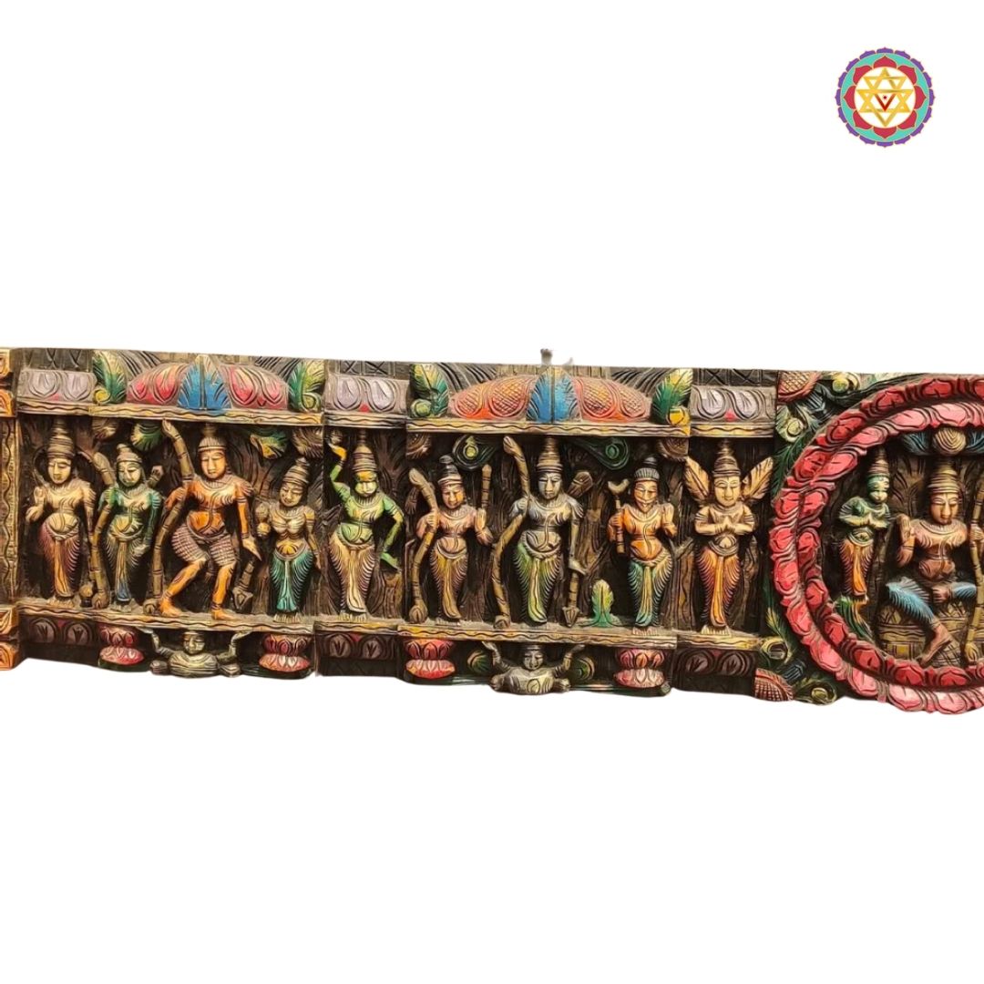 Rich multicolour detailing on wooden Ramayana wall panel