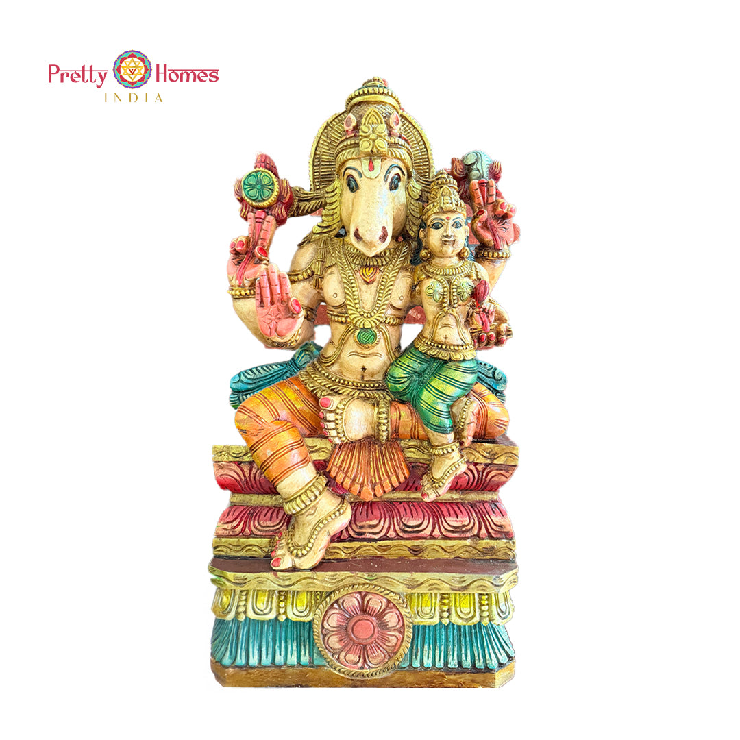 Closeup detailing of Hayagriva with Lakshmi wooden statue