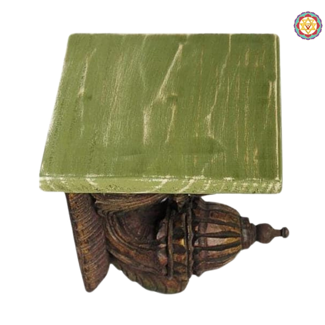 Detailed close-up of wooden bodhil bracket showing elegant leaf and floral design with carved shelf edge