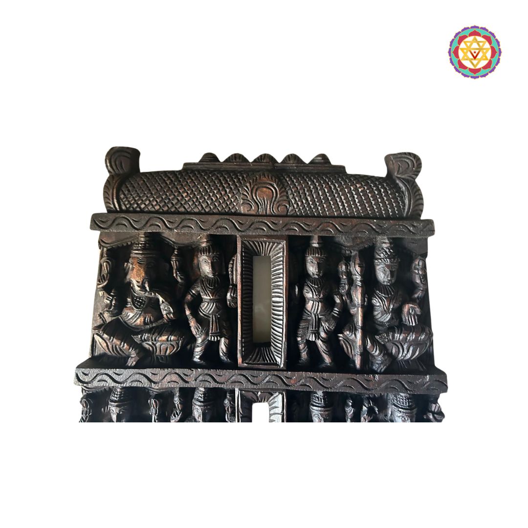 Rustic wooden polish wall art with multiple deity tiers