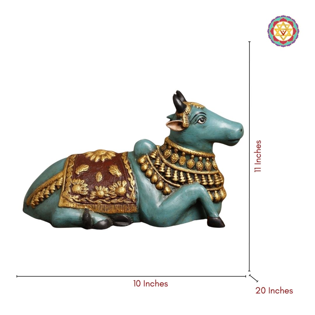 Brass Nandi Idol – The Sacred Blue Bull with Golden Accents, 11 Inch | Spiritual & Decorative Statue