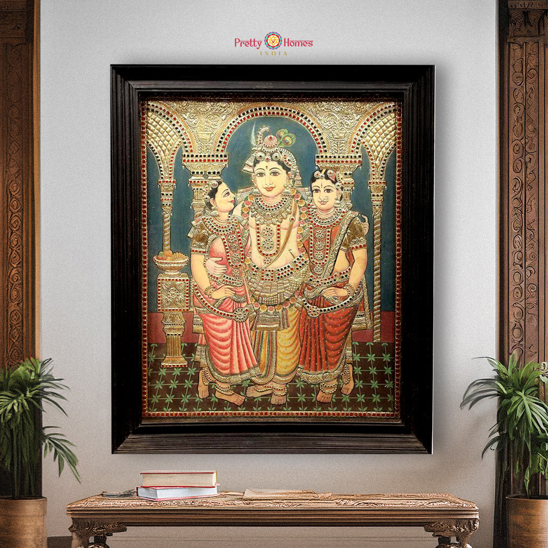 Vintage Tanjore Painting of Krishna with Radha & Rukmini – Handmade with Real Gold Work