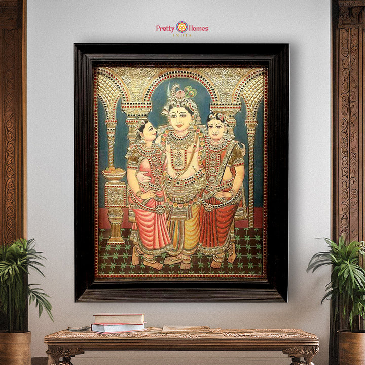 Vintage Tanjore Painting of Krishna with Radha & Rukmini – Handmade with Real Gold Work