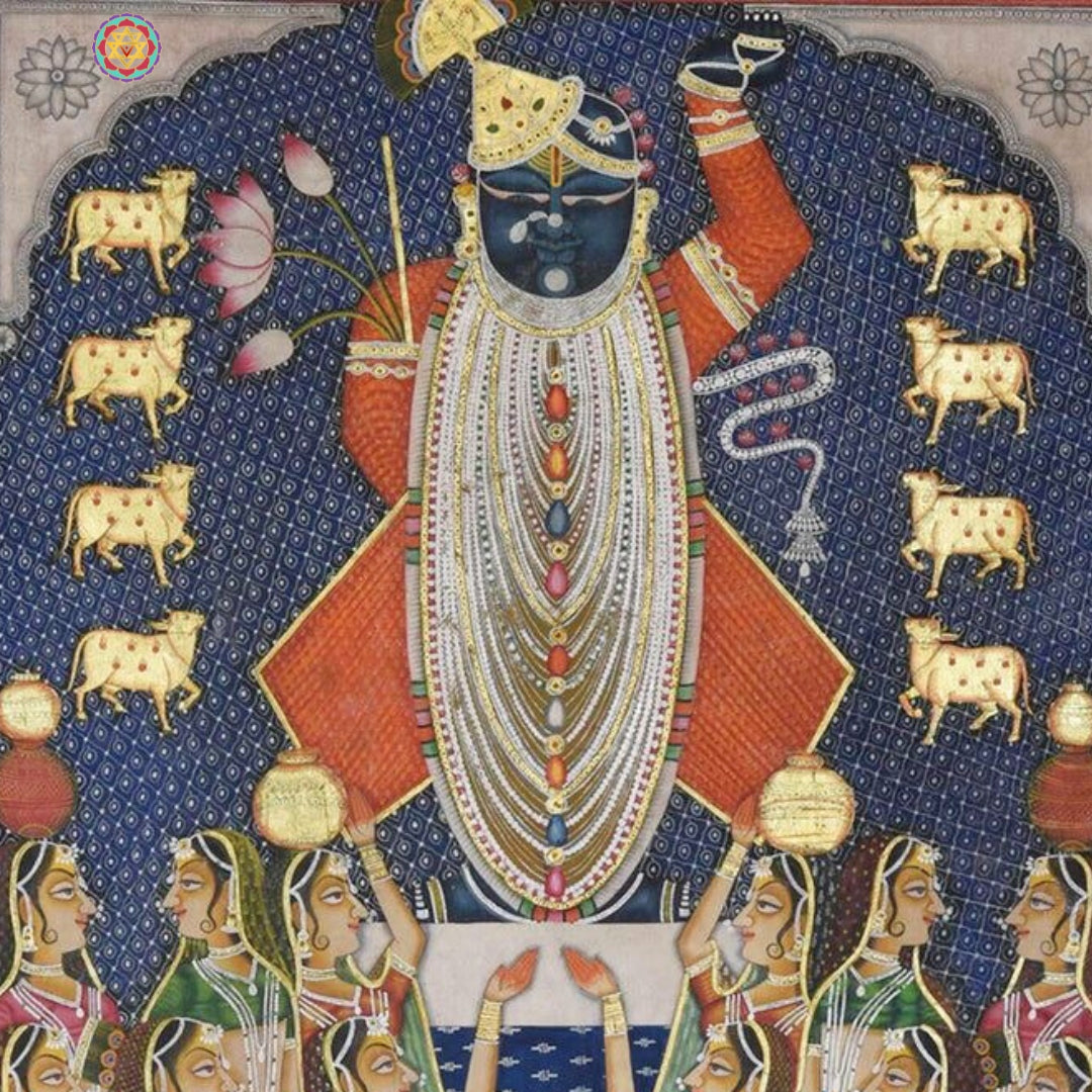 Folk art inspired Pichwai painting illustrating Krishna and cowherds in serene natural landscape