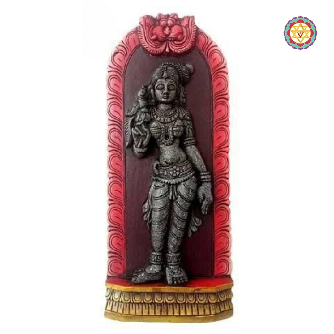 Woodcarved Goddess Meenakshi Holding Diya With Parrot.Wall hanging