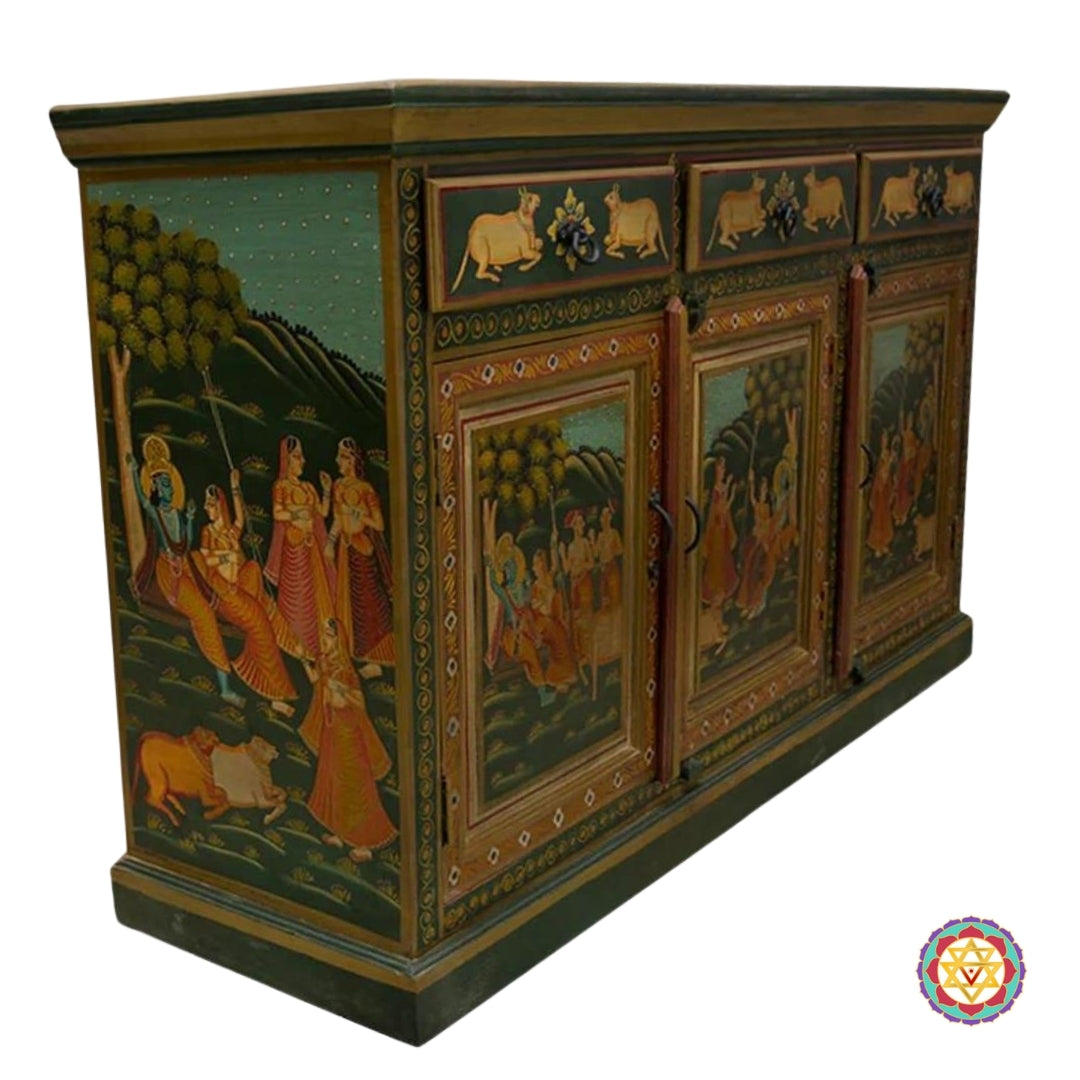Side angle of pichwai console showing radha krishna pichwai paintings and pichwai cow designs.