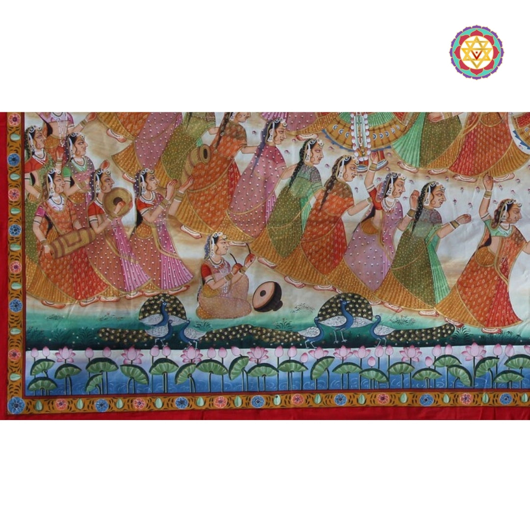 Traditional pichwai borders with cow patterns and floral design in Raas Leela painting.