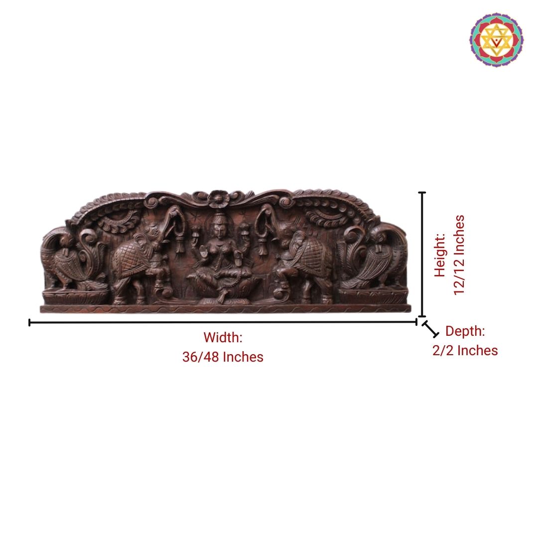 Intricately Carved Horizontal Gajalaxmi Panel with Peacocks – Wall Mountable Divine Art