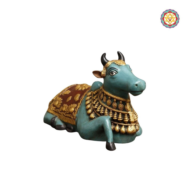 Brass Nandi Idol – The Sacred Blue Bull with Golden Accents, 11 Inch | Spiritual & Decorative Statue