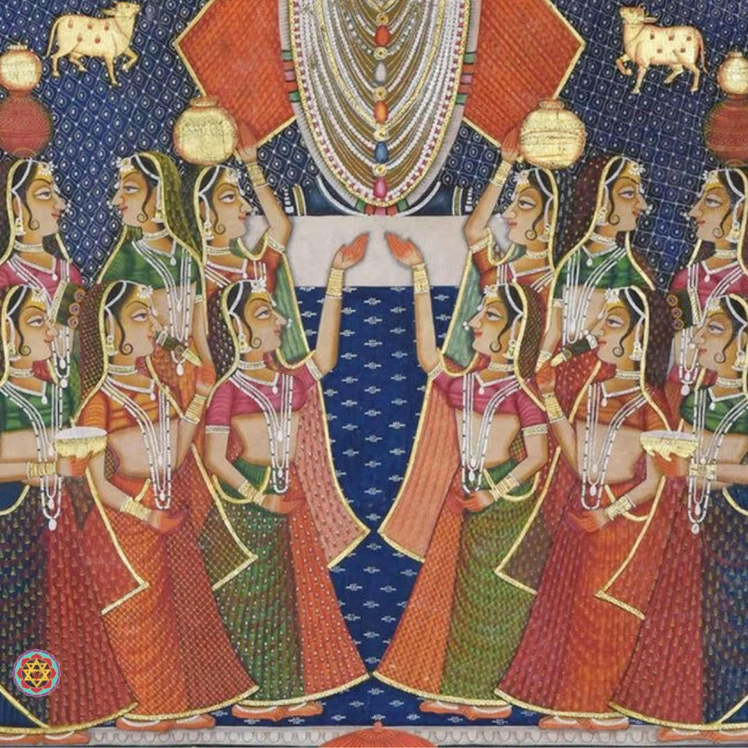 Pichwai mural art featuring Krishna’s festive moments with gopis and cowherds in lively color