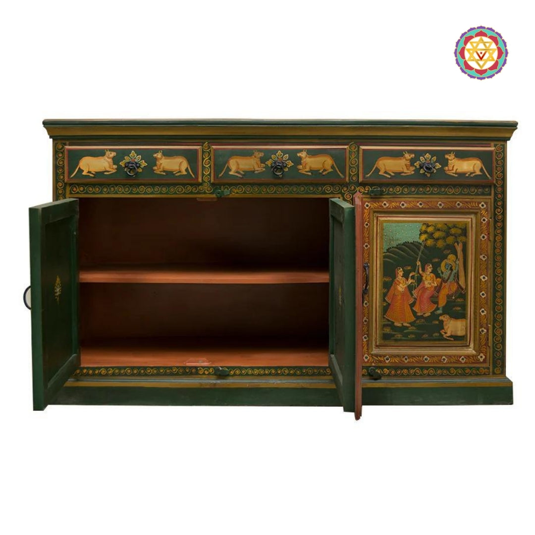 Storage compartments inside hand-painted pichwai console with pichwai home decor finish.