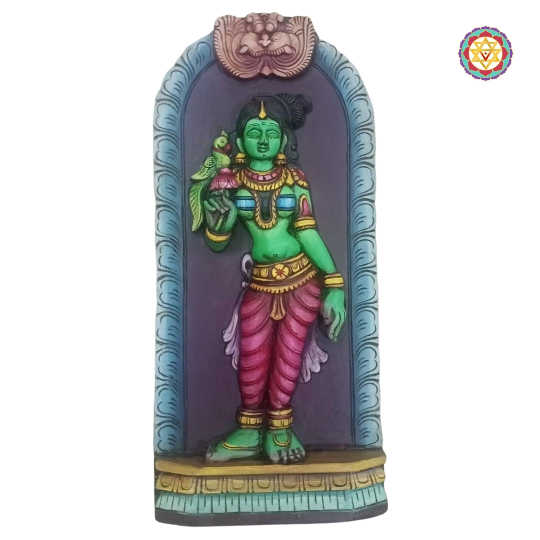 Woodcarved Goddess Meenakshi Holding Diya With Parrot.Wall hanging