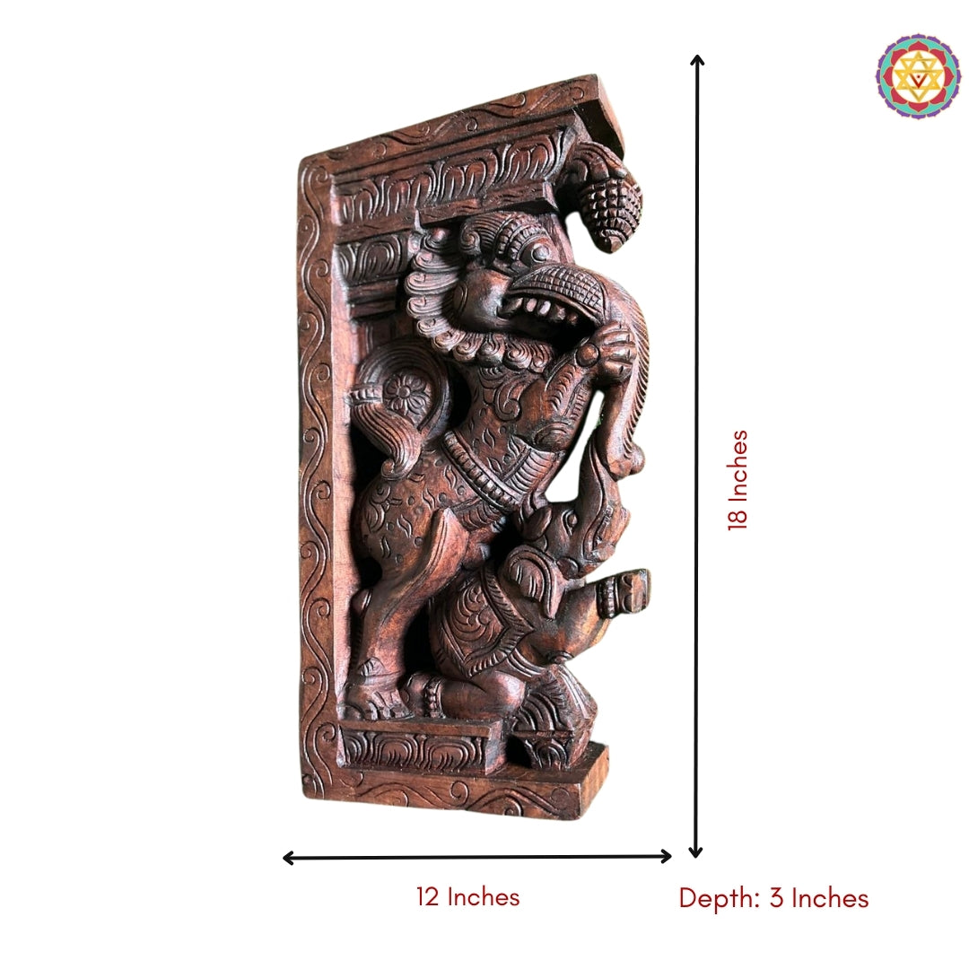 Full view of wooden Yali bracket showing complete elephant carving and curved ornamental design