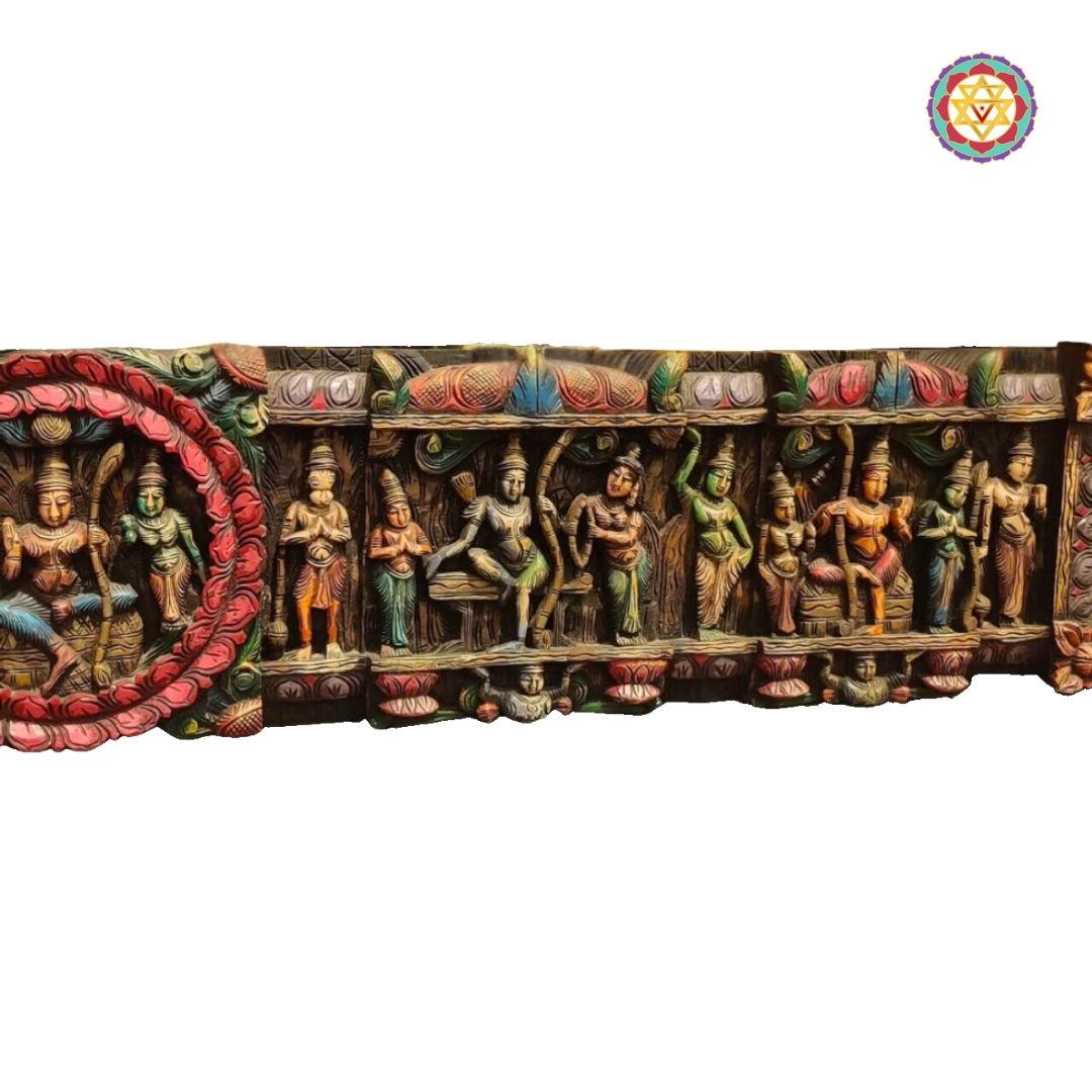 Ramayana panel with carved Lord Ram, Hanuman, and Sita