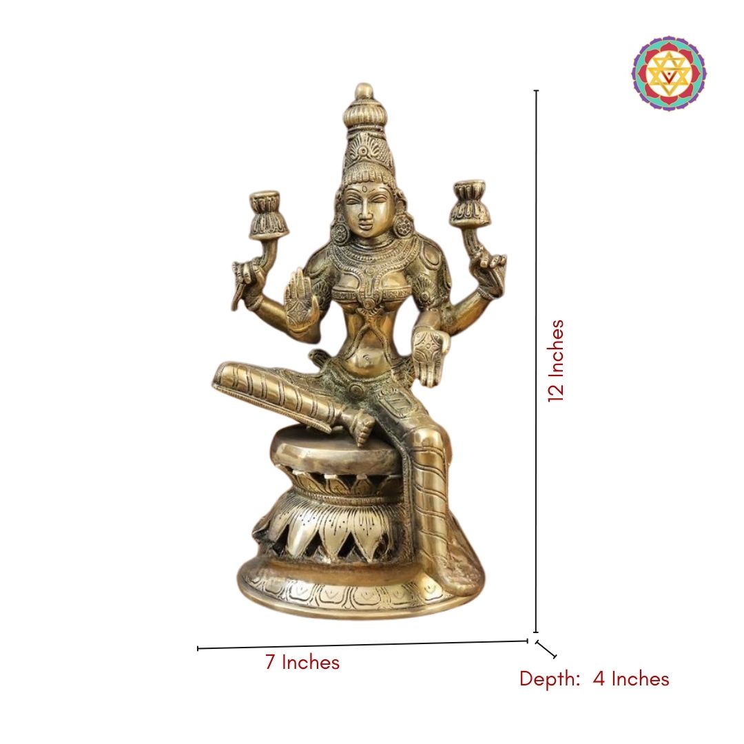 front view of brass Saraswati statue with elegant detailing