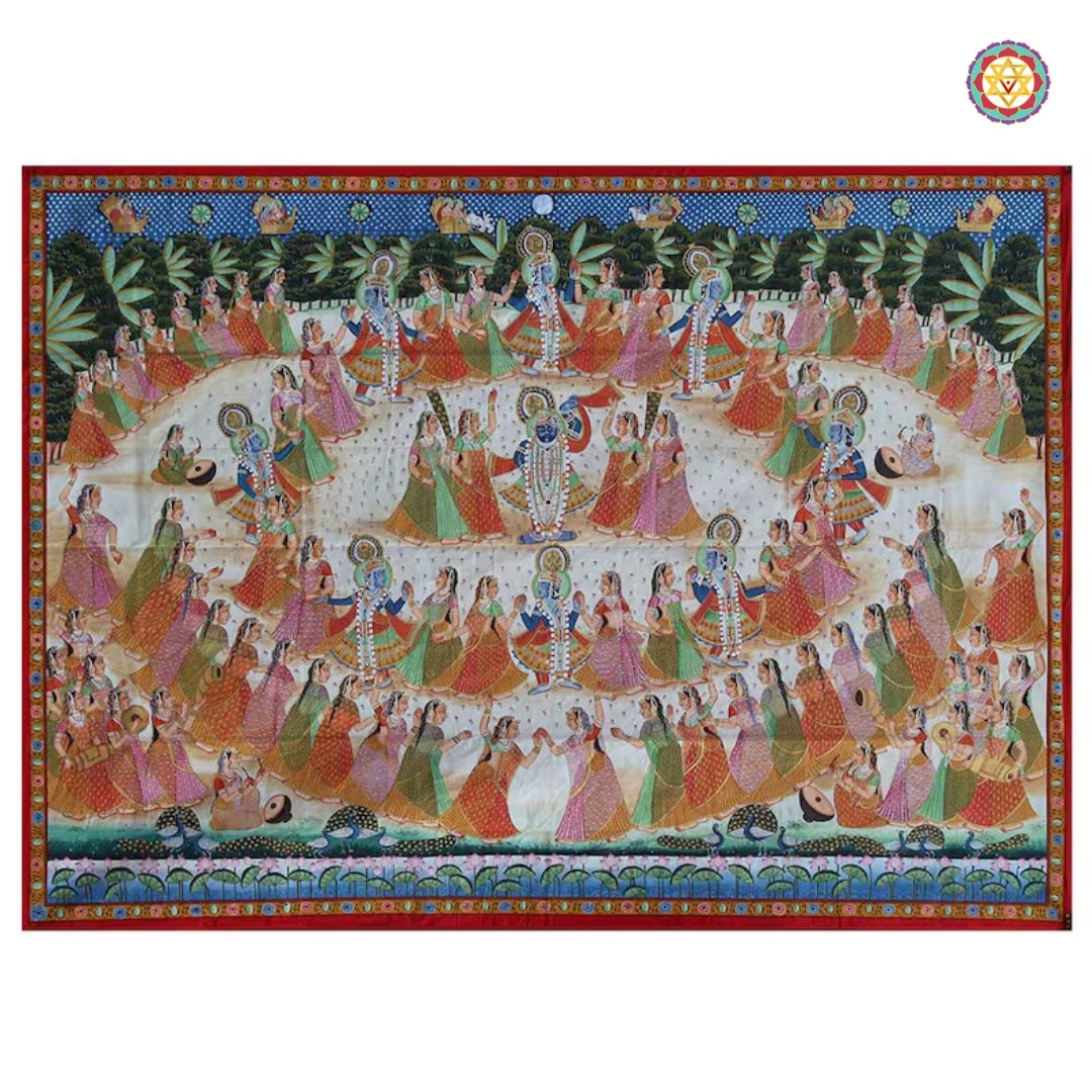 Raas Leela scene in Pichwai style with Krishna  and gopikas.

