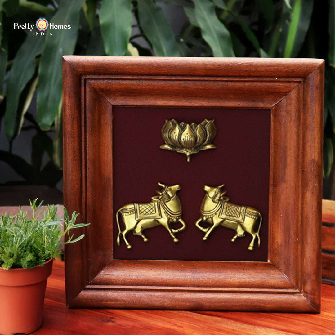 Sacred cow brass wall art with lotus detailing
