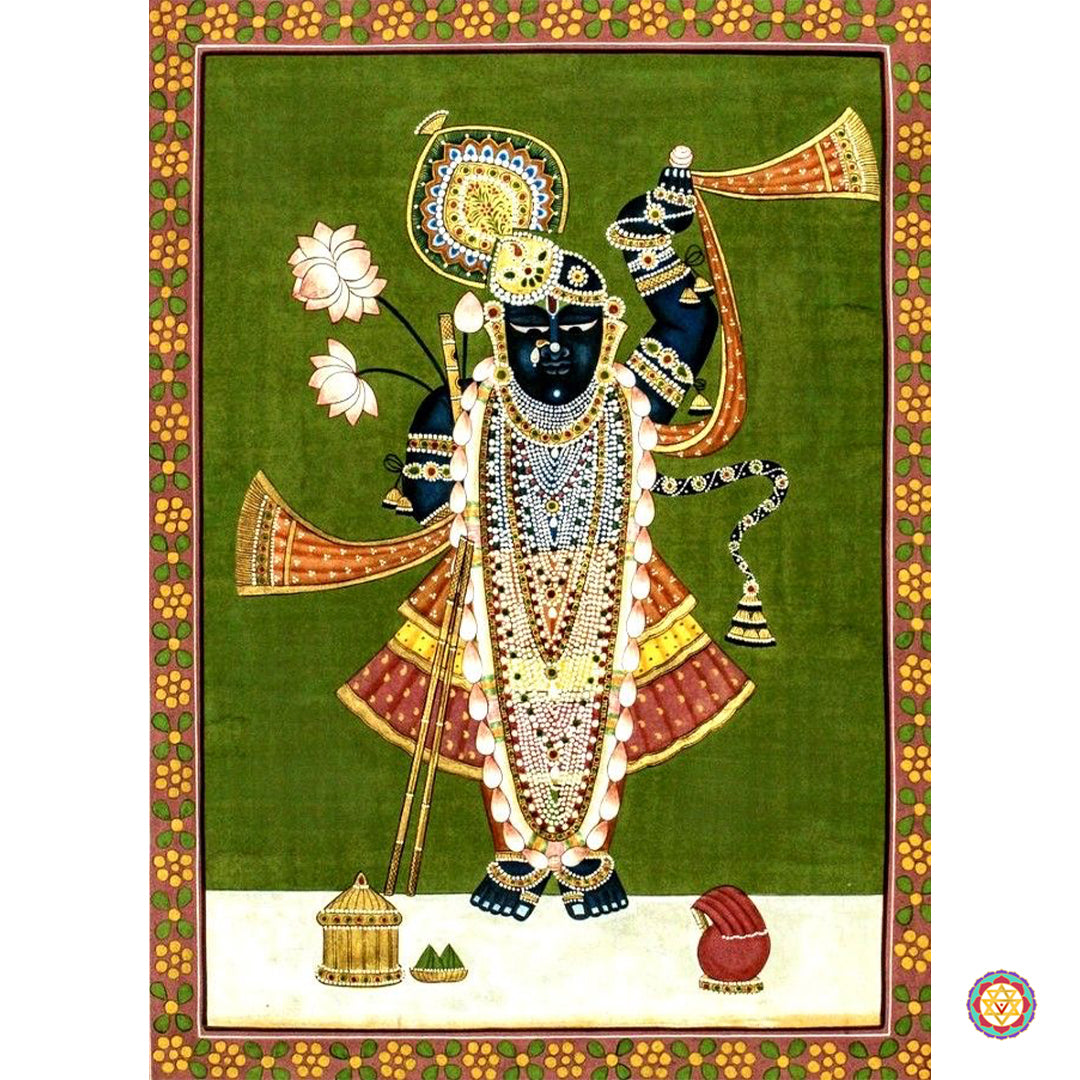 Wide-format view of Shrinathji Pichwai painting displaying full composition and floral borders