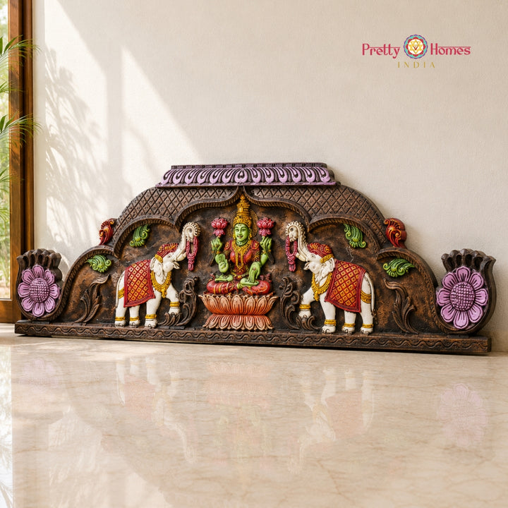 Gopuram-Style Gajalaxmi Panel with Floral Carvings
