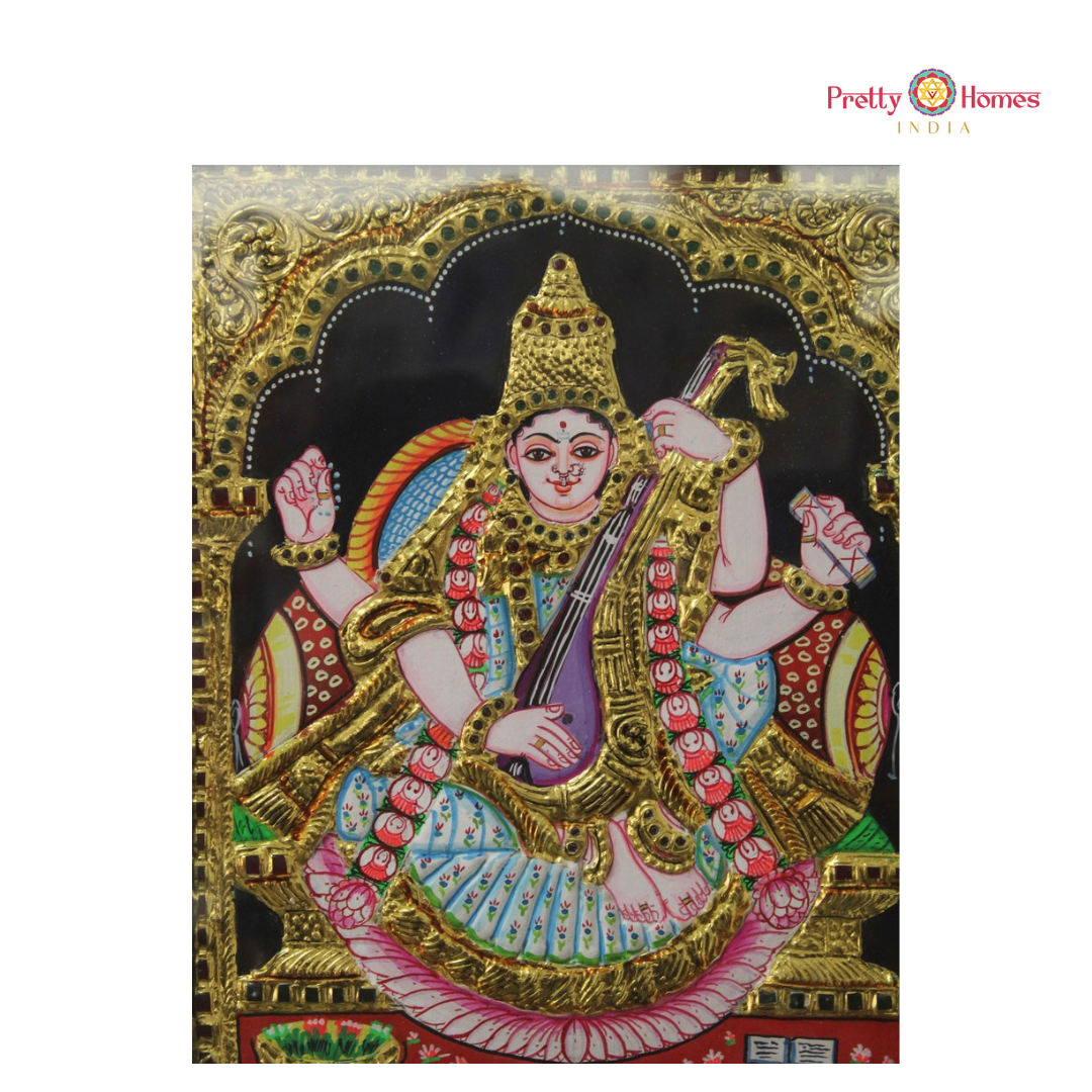 Chola-Style Goddess Saraswati Tanjore in Real Gold
